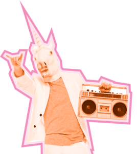 A unicorn is holding a boom box, wearing a blazer and shirt and holds a hand out in a rock on symbol.