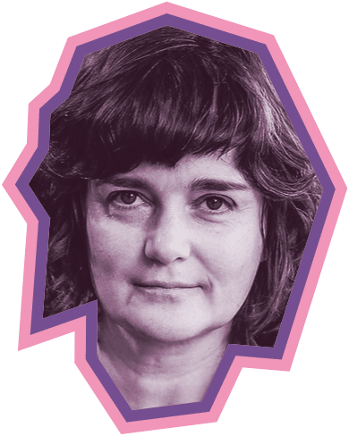 Cemanthe has short curly hair with a fringe. Photo is in purple duotone with a pink and purple geometric border.