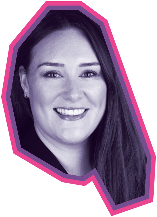 Jordan has long dark hair over one shoulder and is smiling. Photo is in purple duotone with a pink and purple geometric border.